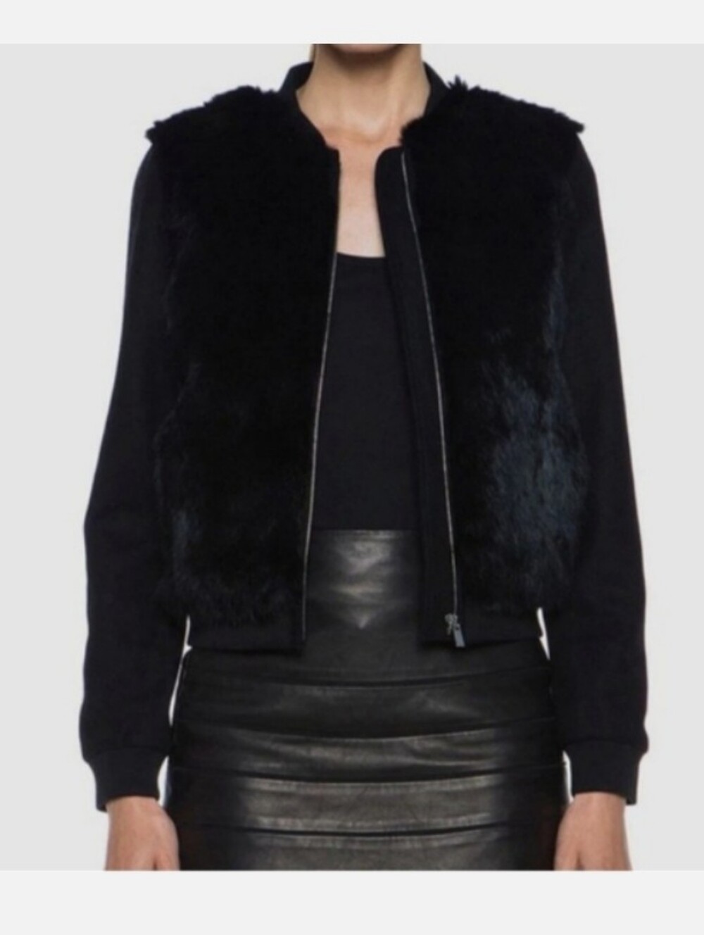 NWT Diane Von Furstenberg Carrington Black Rabbit/ Wool Bomber  Jacket Size 6